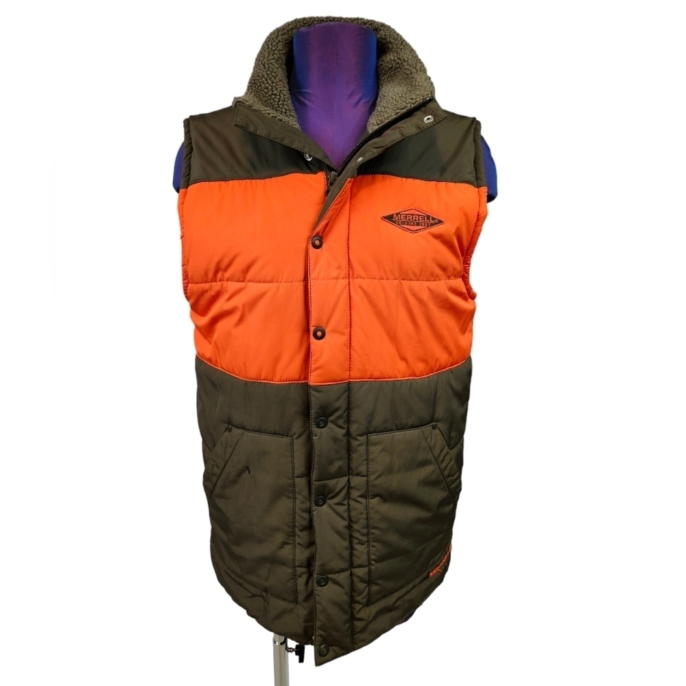 Merrell Ditmar Front Zip Blaze Orange & Brown Quilted Puffer Vest Size Small Men